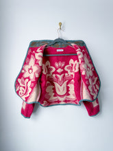 Load image into Gallery viewer, One-of-a-Kind: Burgundy and Rust Colorblock Floral Wool Ukrainian Blanket Flora Jacket (S)
