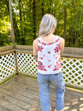 Load image into Gallery viewer, One-of-a-Kind: Vintage Cherry Red and Purple Floral Tablecloth Pearl Snap Tank (S)
