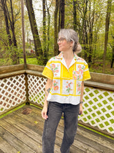 Load image into Gallery viewer, One-of-a-Kind: Yellow/pink/mauve Floral Vintage Tablecloth Shaftsbury Shirt (M)
