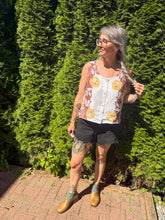 Load image into Gallery viewer, One-of-a-Kind: Vintage Brown and Yellow Floral Tablecloth Pearl Snap Tank (M)
