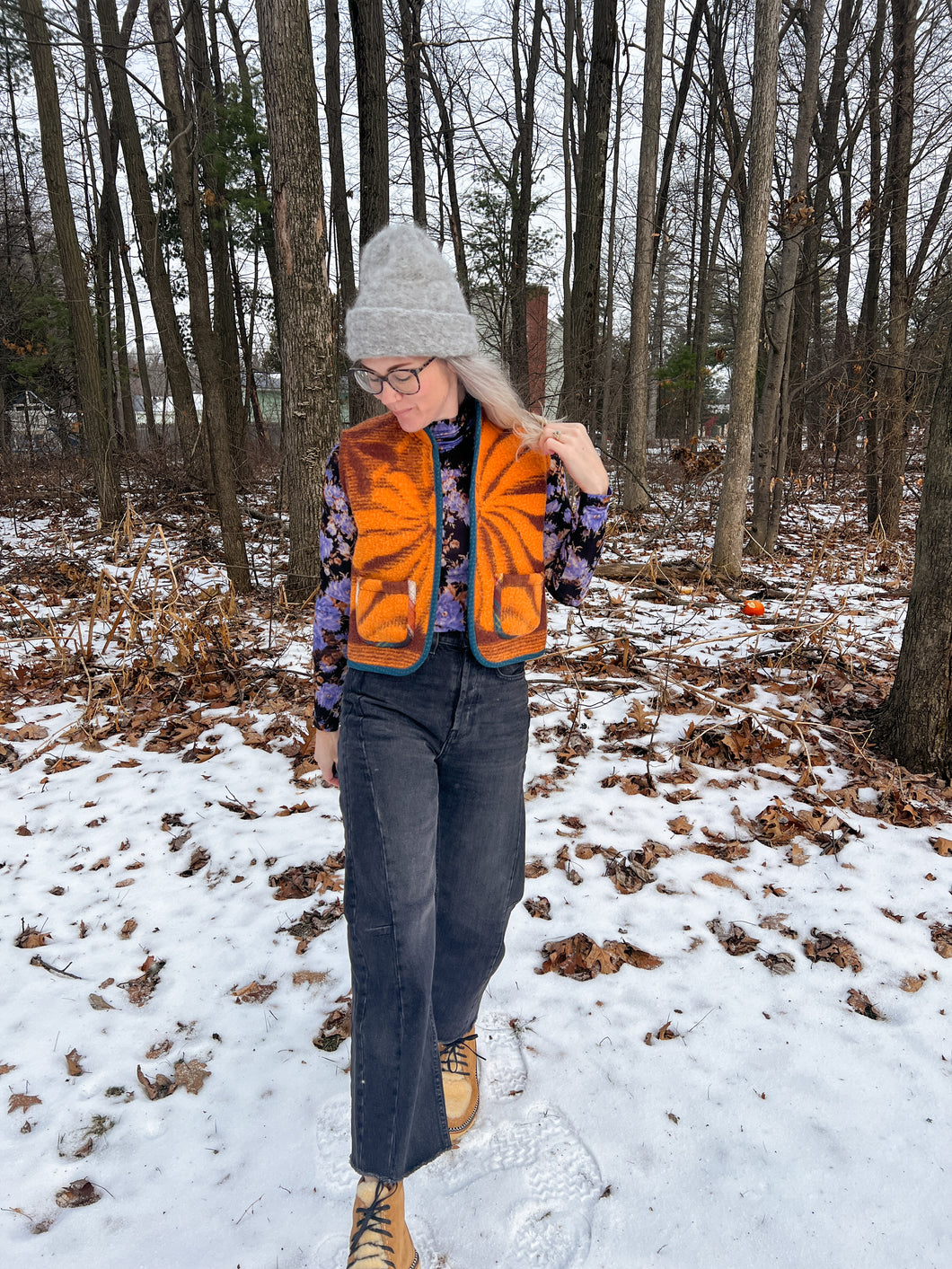 One-of-a-Kind: Orange/Brown Floral Wool Blanket Vest #2 (XS-M)