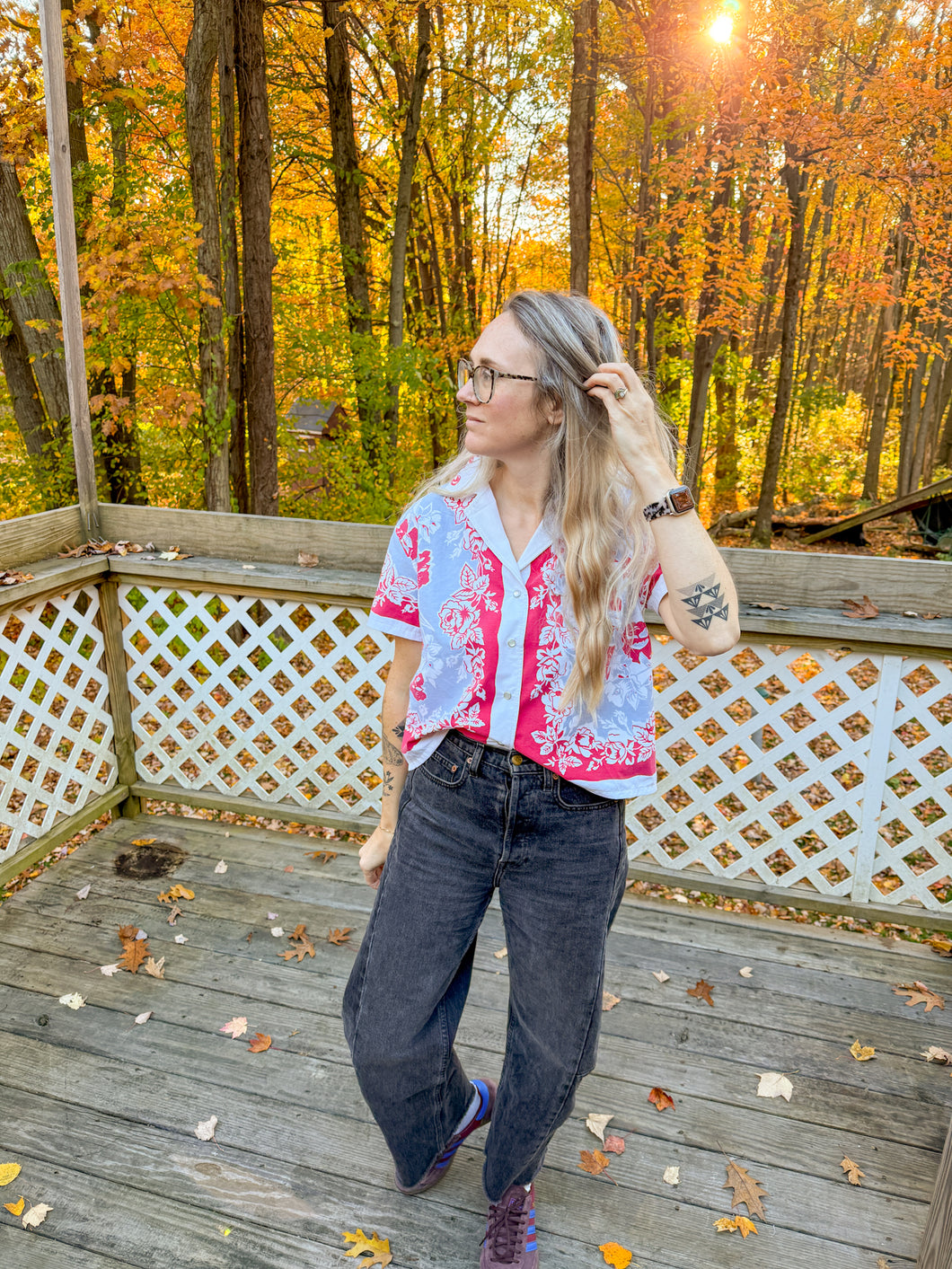One-of-a-Kind: Vintage Red Floral Tablecloth Shaftsbury Shirt (S)
