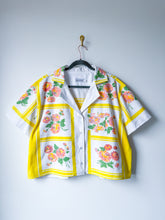 Load image into Gallery viewer, One-of-a-Kind: Yellow/pink/mauve Floral Vintage Tablecloth Shaftsbury Shirt (L)
