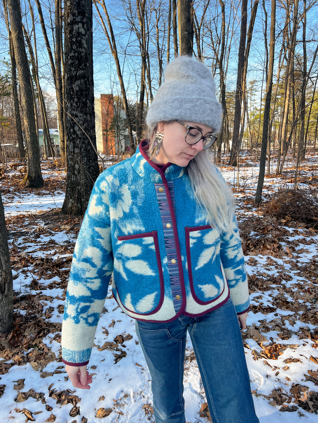 One-of-a-Kind: Blue Floral Wool Blanket Flora Jacket (S)