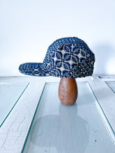 Load image into Gallery viewer, One-of-a-Kind: Navy and Cream Antique Coverlet 5 Panel Hat
