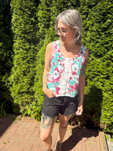 Load image into Gallery viewer, One-of-a-Kind: Vintage purple and teal Floral Tablecloth Pearl Snap Tank (S)
