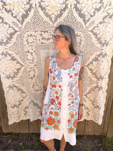 Load image into Gallery viewer, One-of-a-Kind: Vintage Folk Floral Linen Tablecloth Pearl Snap Dress (M)
