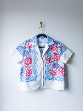 Load image into Gallery viewer, One-of-a-Kind: Aqua/Pink/Blue Floral Vintage Tablecloth Shaftsbury Shirt (S)

