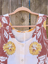 Load image into Gallery viewer, One-of-a-Kind: Vintage Brown and Yellow Floral Tablecloth Pearl Snap Tank (M)
