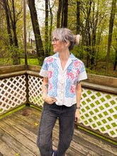 Load image into Gallery viewer, One-of-a-Kind: Aqua/Pink/Blue Floral Vintage Tablecloth Shaftsbury Shirt (S)
