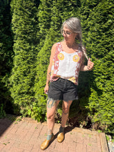 Load image into Gallery viewer, One-of-a-Kind: Vintage Brown and Yellow Floral Tablecloth Pearl Snap Tank (M)
