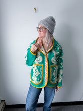 Load image into Gallery viewer, One-of-a-Kind: Kelly Green Floral Wool Ukrainian Blanket Hooded Flora Jacket (L)

