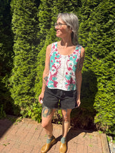 Load image into Gallery viewer, One-of-a-Kind: Vintage purple and teal Floral Tablecloth Pearl Snap Tank (S)
