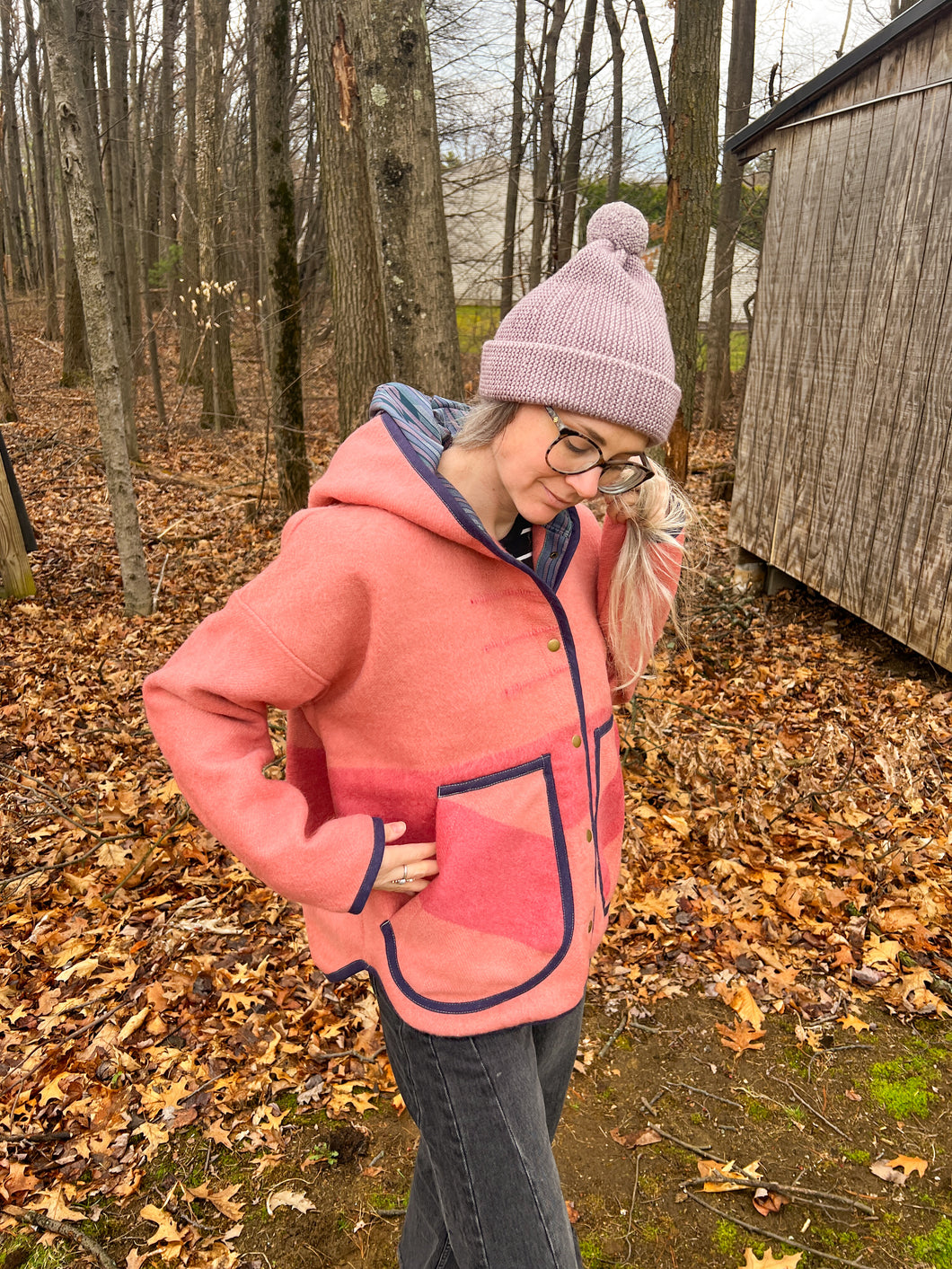 One-of-a-Kind: Hudson Bay Wool Blanket Hooded Flora Jacket (L)