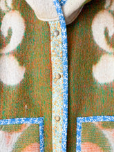 Load image into Gallery viewer, One-of-a-Kind: Deep Green and Orange Floral Burst Ukrainian Blanket Hooded Flora Jacket (L)
