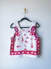 Load image into Gallery viewer, One-of-a-Kind: Vintage Cherry Red and Purple Floral Tablecloth Turnaround Tank (M)

