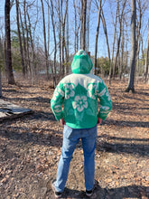 Load image into Gallery viewer, One-of-a-Kind: Green Floral Ukrainian Blanket Hooded Flora Jacket (L)

