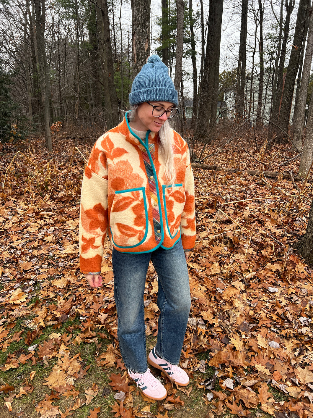 One-of-a-Kind: Fall Orange Floral Ukrainian Wool Blanket Flora Jacket (M)