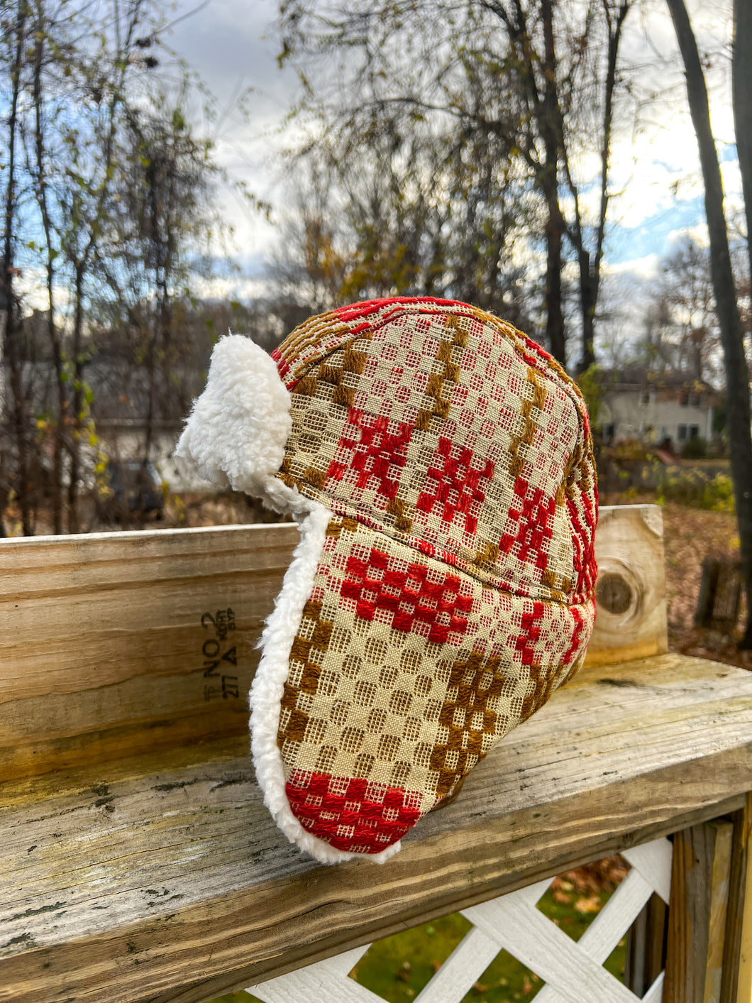 One-of-a-Kind: Antique Woven Coverlet Aviator Hat (Adult L)