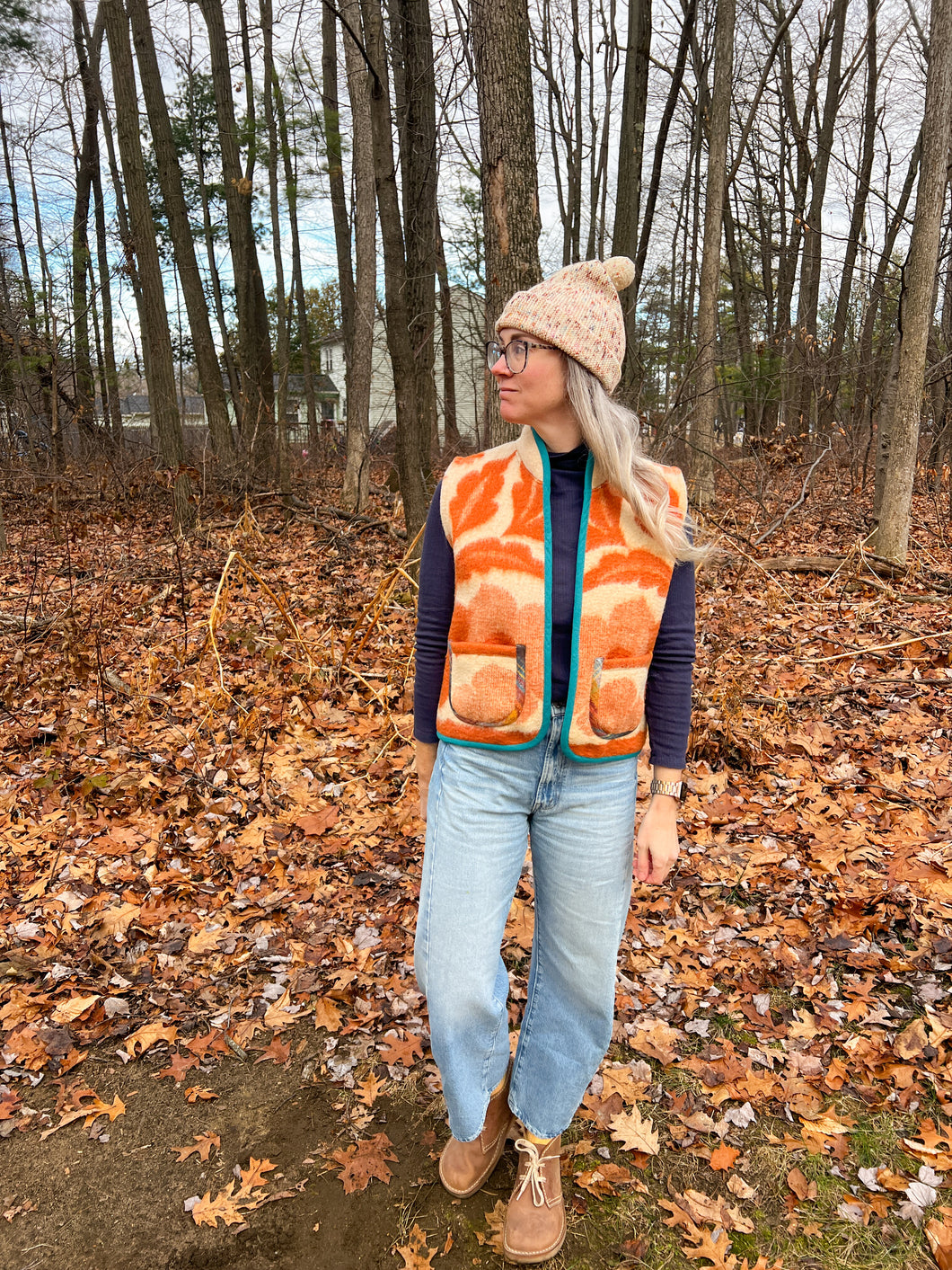 One-of-a-Kind: Ukrainian Fall Orange Floral Wool Blanket Cropped Vest (XS-S)