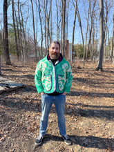 Load image into Gallery viewer, One-of-a-Kind: Green Floral Ukrainian Blanket Hooded Flora Jacket (L)
