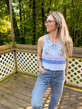Load image into Gallery viewer, One-of-a-Kind: Vintage Pink and Blue Floral Tablecloth Pearl Snap Tank (S)
