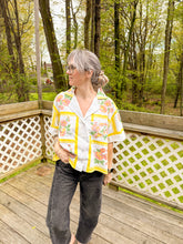 Load image into Gallery viewer, One-of-a-Kind: Yellow/pink/mauve Floral Vintage Tablecloth Shaftsbury Shirt (L)
