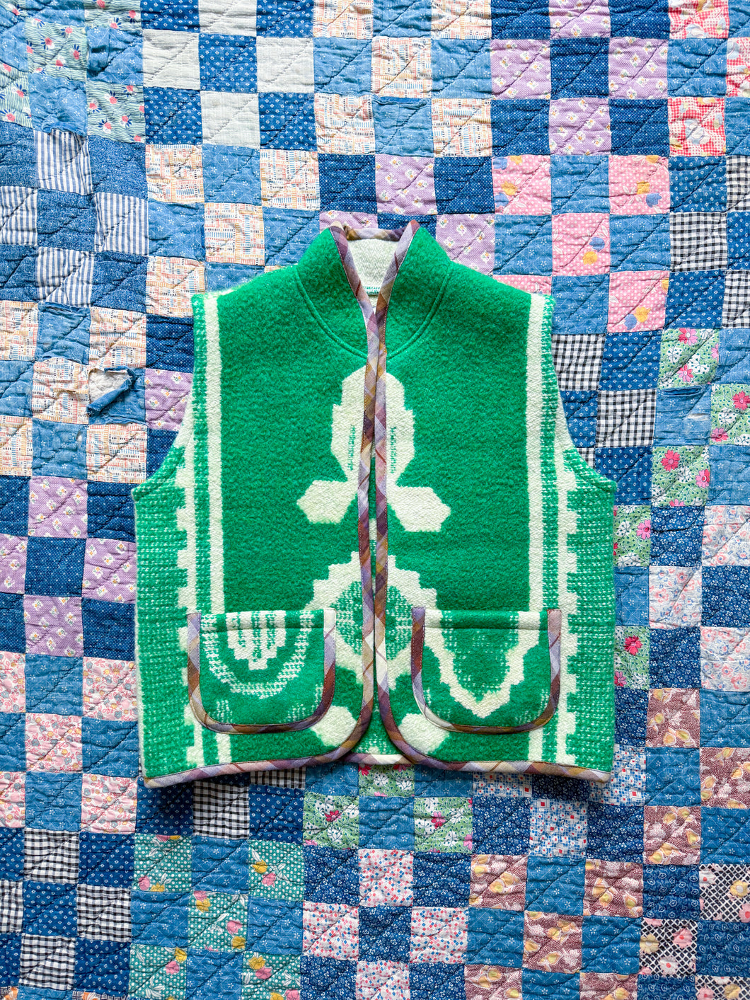 One-of-a-Kind: Kelly Green Geometric Floral Wool Blanket Vest (XS-M)