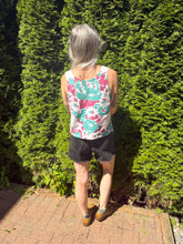 Load image into Gallery viewer, One-of-a-Kind: Vintage purple and teal Floral Tablecloth Pearl Snap Tank (S)
