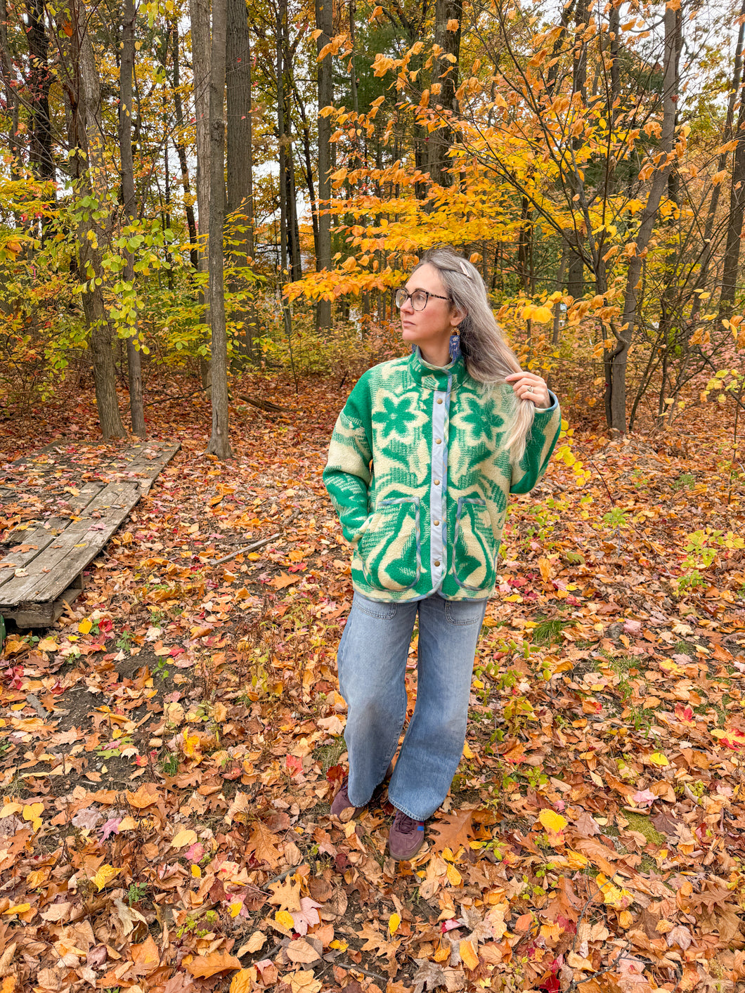 One-of-a-Kind: Green Floral Ukrainian Blanket Flora Jacket (L)