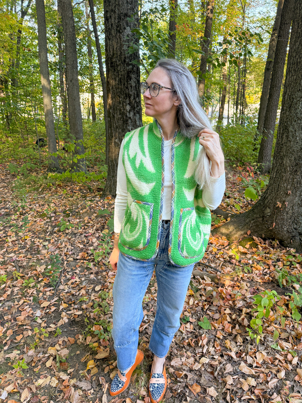 One-of-a-Kind: Green Leaf Wool Blanket Vest (L-XL)