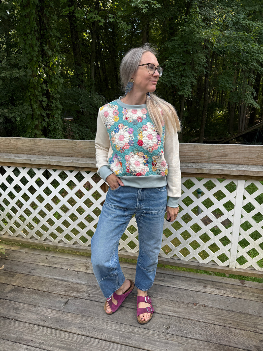 One-of-a-Kind: Grandmother's Flower Garden French Terry Pullover (M)