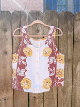 Load image into Gallery viewer, One-of-a-Kind: Vintage Brown and Yellow Floral Tablecloth Pearl Snap Tank (M)
