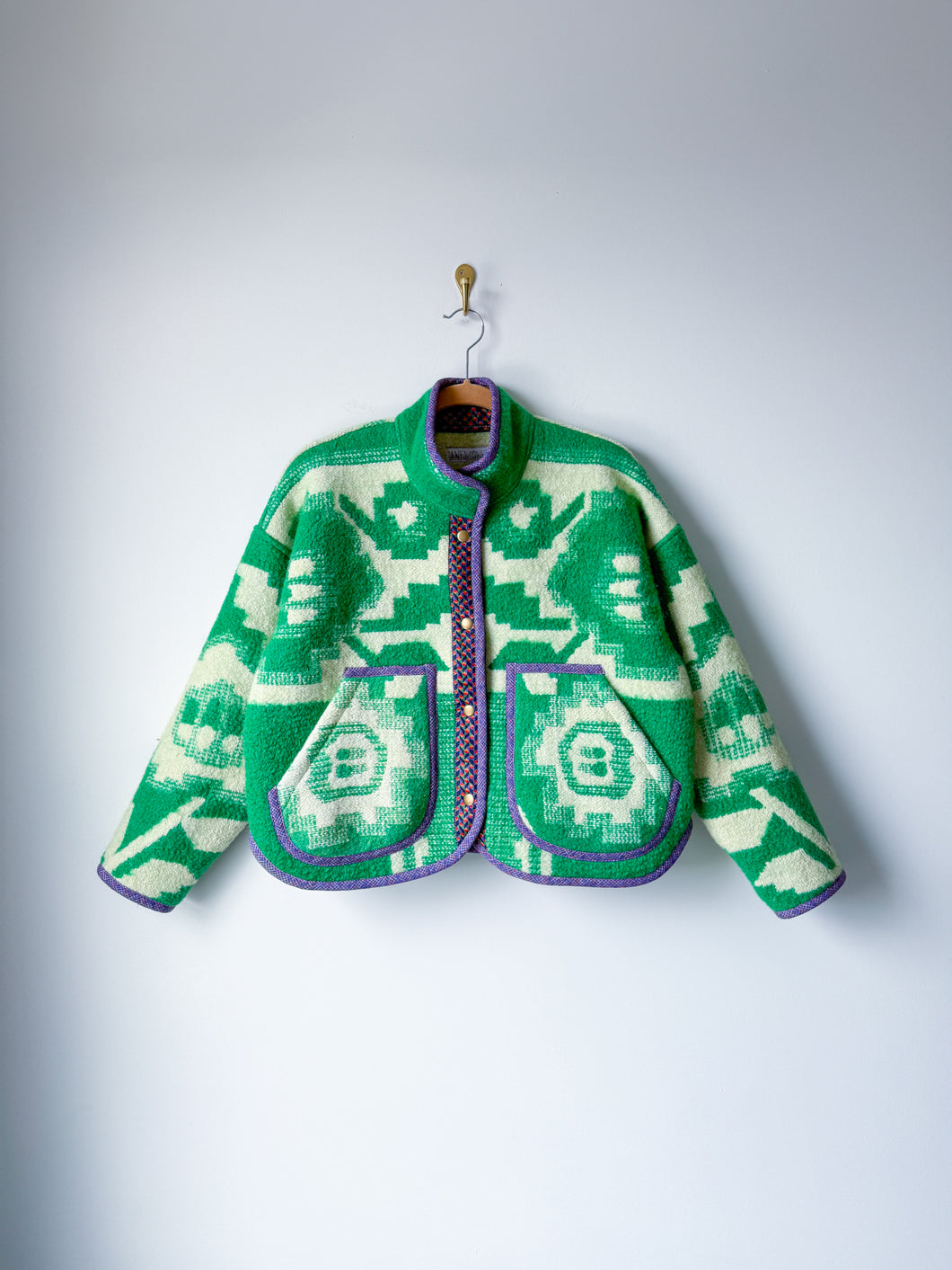 One-of-a-Kind: Green Geometric Floral Ukrainian Blanket Flora Jacket (S)