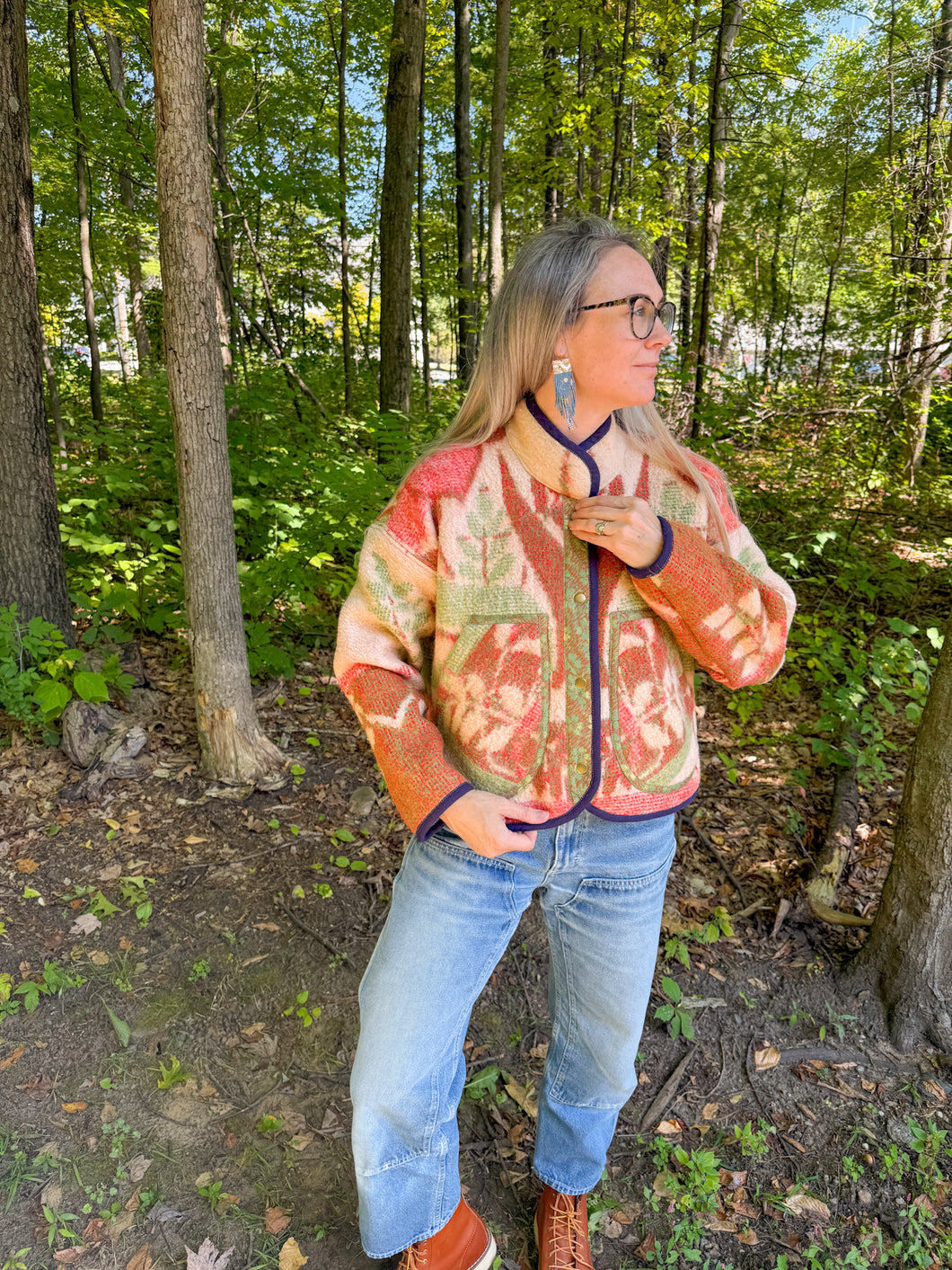 One-of-a-Kind: Red & Green Floral Vintage Ukrainian Blanket Flora Jacket (S)