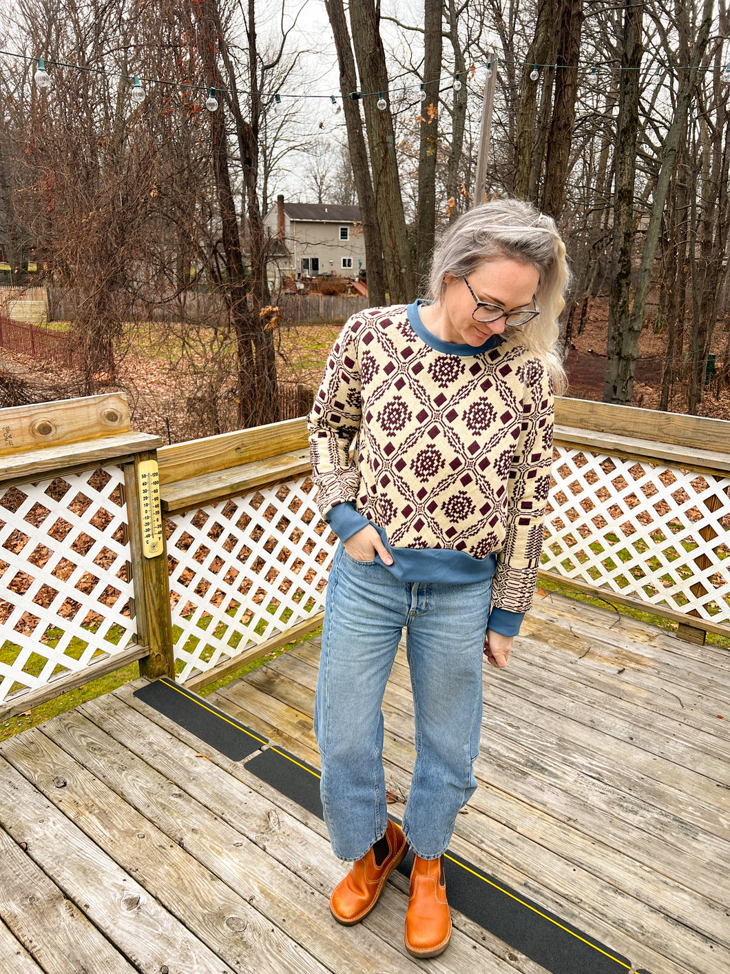 One-of-a-Kind: Antique Woven Coverlet Quilt Pullover (L)