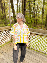 Load image into Gallery viewer, One-of-a-Kind: Yellow/pink/mauve Floral Vintage Tablecloth Shaftsbury Shirt (L)
