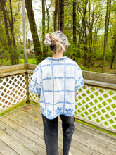 Load image into Gallery viewer, One-of-a-Kind: Blue Basket Vintage Tablecloth Shaftsbury Shirt (L)
