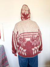 Load image into Gallery viewer, One-of-a-Kind: Burgundy and Gray Floral Ukrainian Blanket Hooded Flora Jacket (L)
