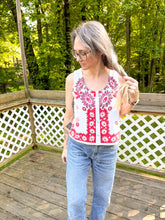 Load image into Gallery viewer, One-of-a-Kind: Vintage Cherry Red and Purple Floral Tablecloth Pearl Snap Tank (S)
