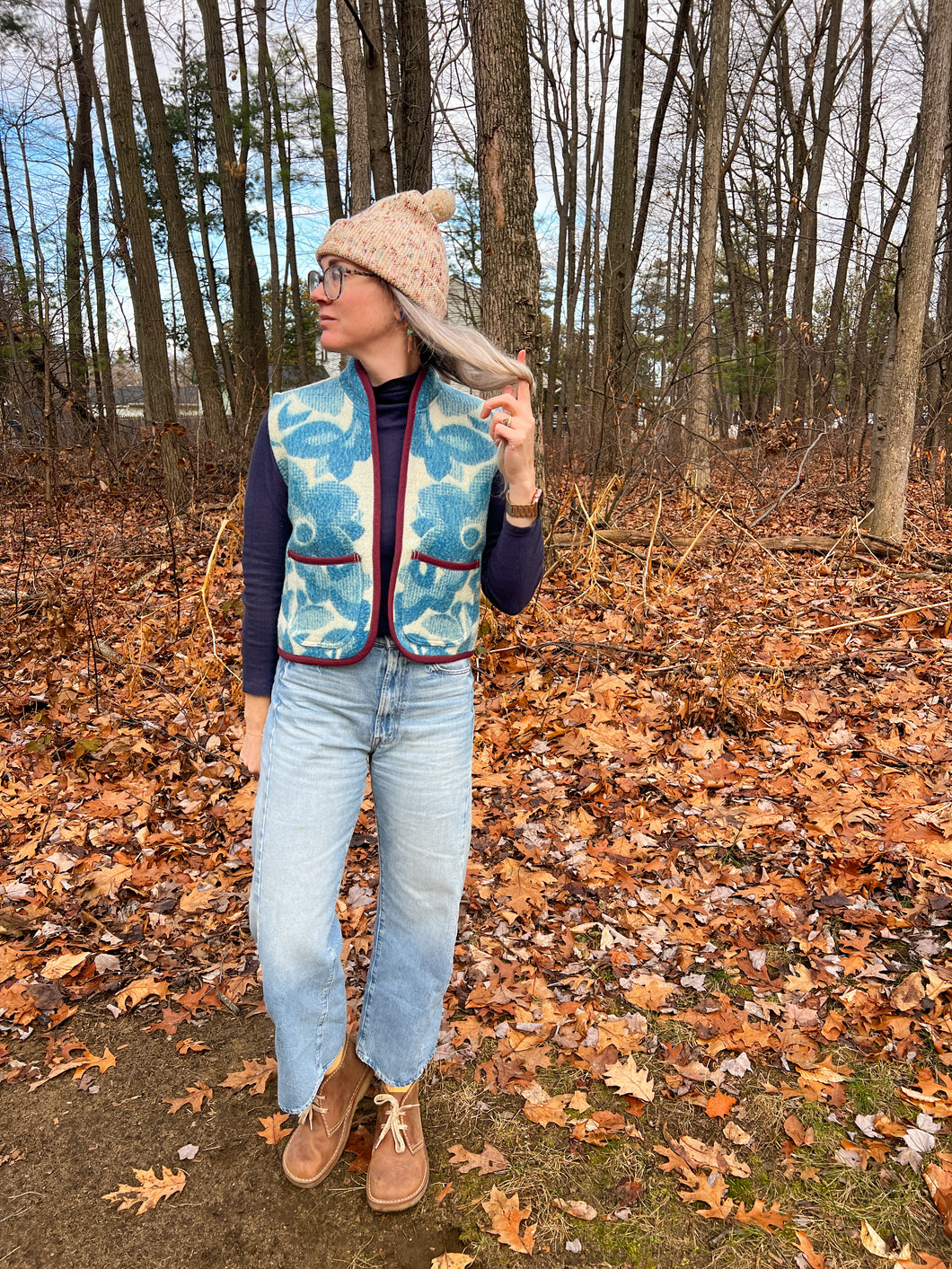 One-of-a-Kind: Ukrainian Blue Floral Wool Blanket Cropped Vest (XS-S)