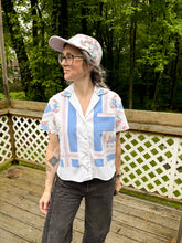 Load image into Gallery viewer, One-of-a-Kind: Vintage Pink and blue Floral Tablecloth Shaftsbury Shirt (S)

