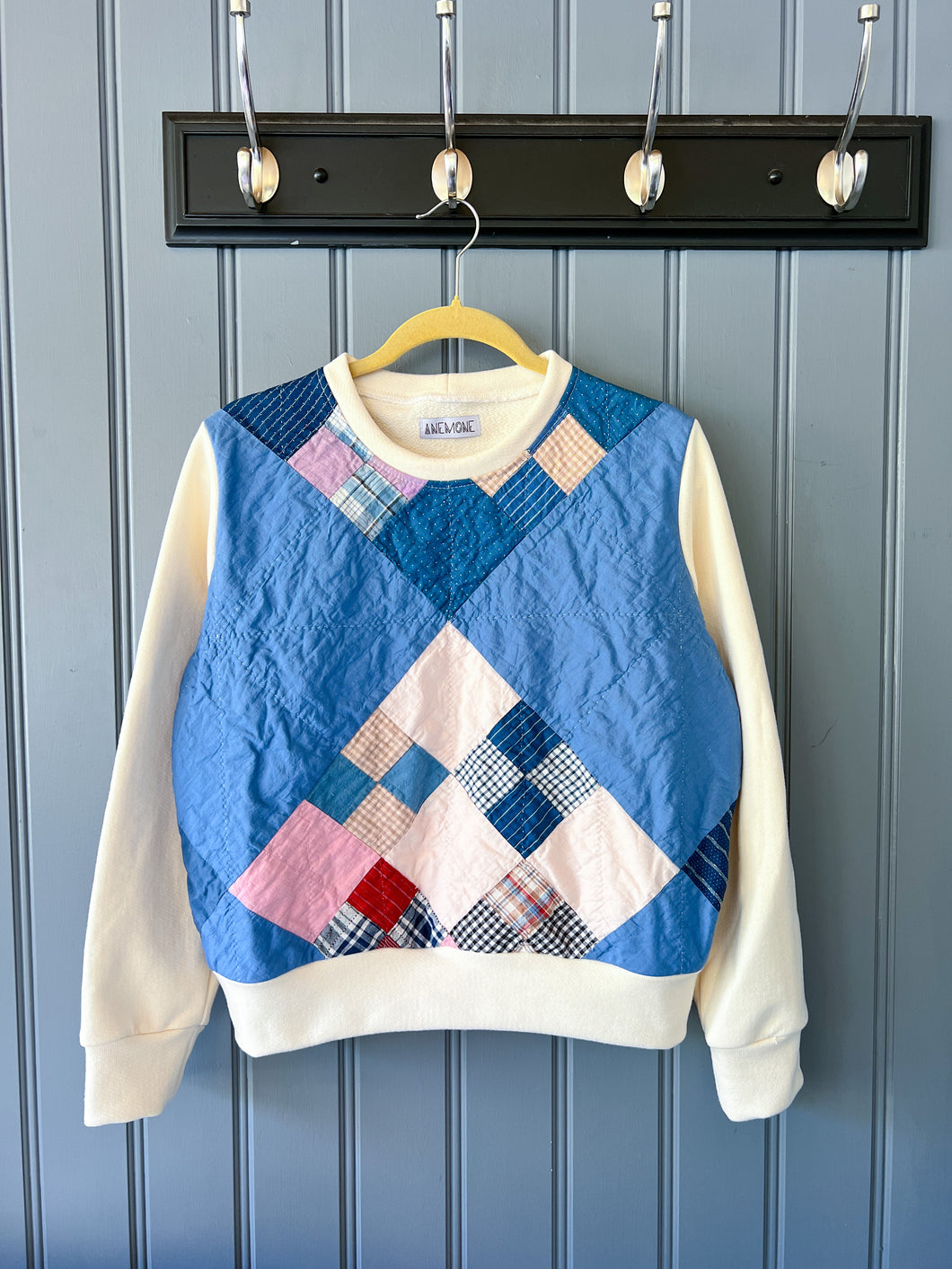 One-of-a-Kind: Four in a Nine Patch French Terry Pullover (L)
