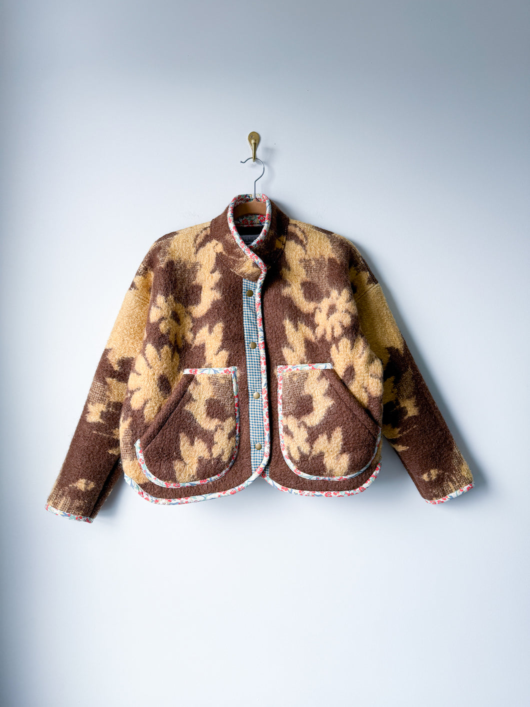 One-of-a-Kind: Brown and Tan Floral Ukrainian Blanket Flora Jacket (S)