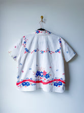 Load image into Gallery viewer, One-of-a-Kind: Vintage Blue Hollyhock Tablecloth Shaftsbury Shirt (M)
