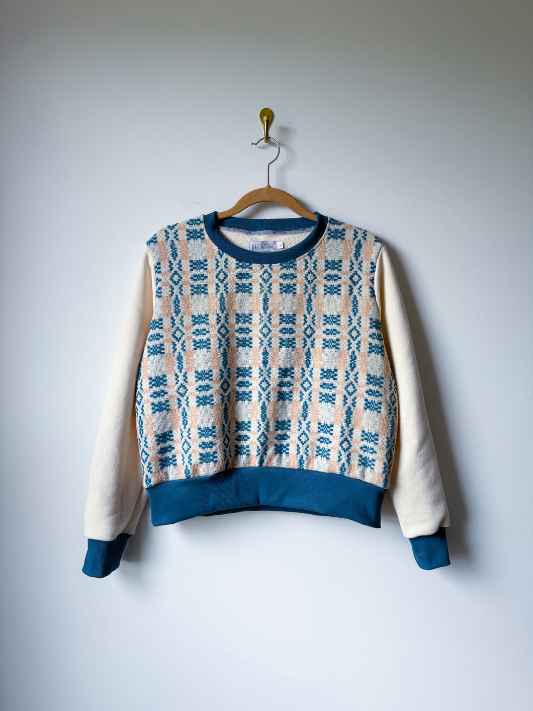 One-of-a-Kind: Peachy Pink and Blue Coverlet French Terry Pullover (L)