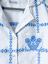 Load image into Gallery viewer, One-of-a-Kind: Blue Basket Vintage Tablecloth Shaftsbury Shirt (L)
