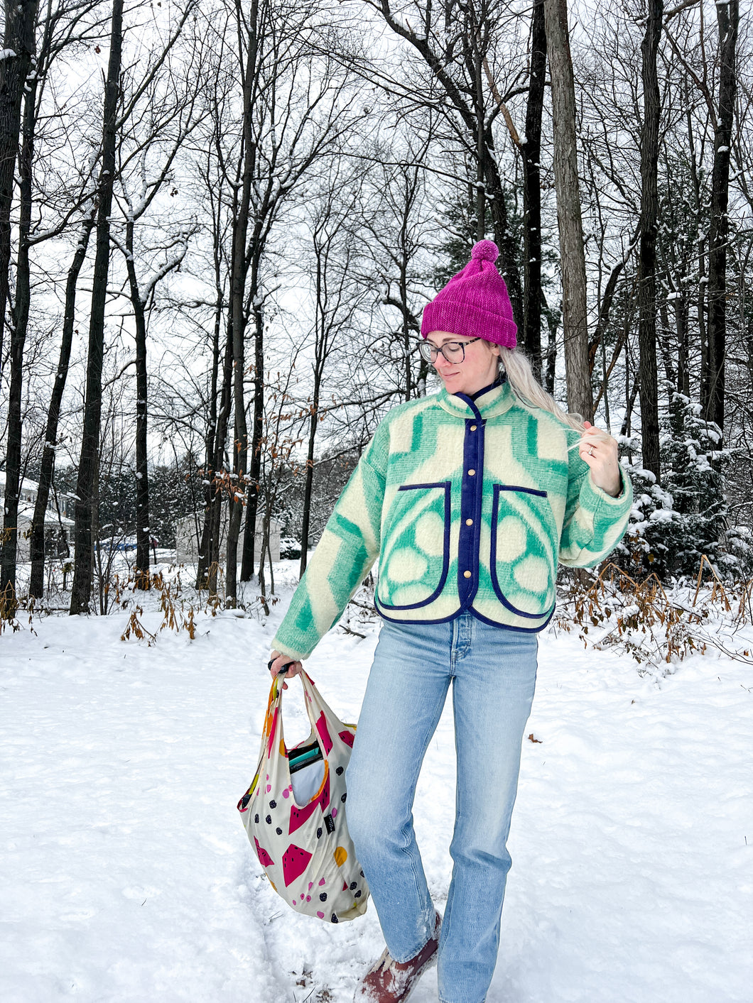 One-of-a-Kind: Kelly Green Floral Ukrainian Wool Blanket Flora Jacket (S)